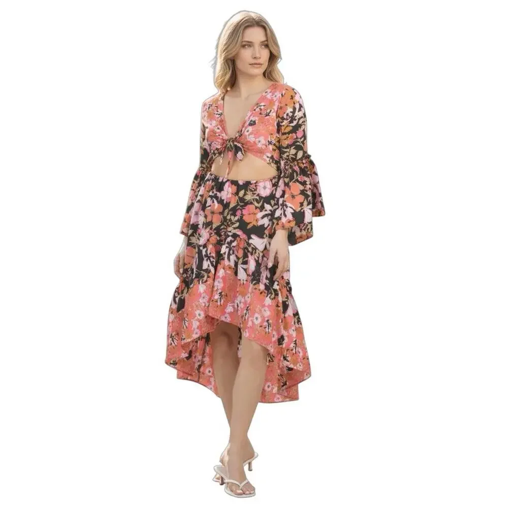NEW RAGA Vera Floral Boho High Low Flowy Maxi Dress Tie Front Cottagecore Size S - Picture 1 of 9